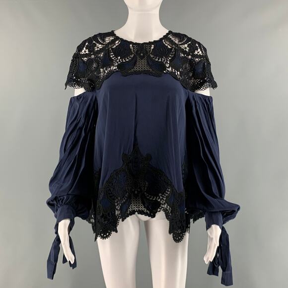 JONATHAN SIMKHAI Size XS Navy Black Silk Lace Oversized Casual Top - Picture 1 of 1